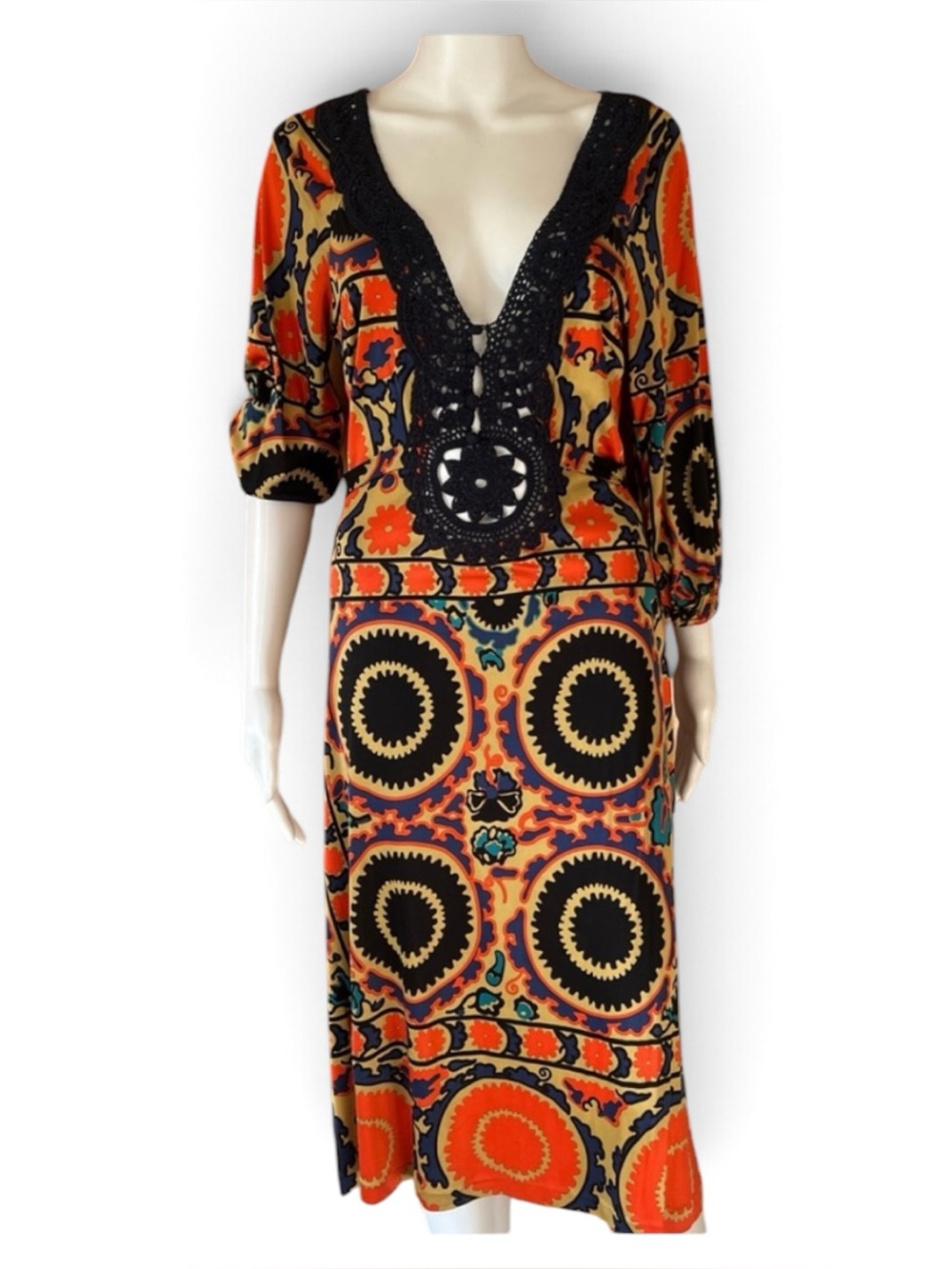 Max Azria Runway Orange and Navy Midi Dress w/Plunging Neckline and Puff Sleeves